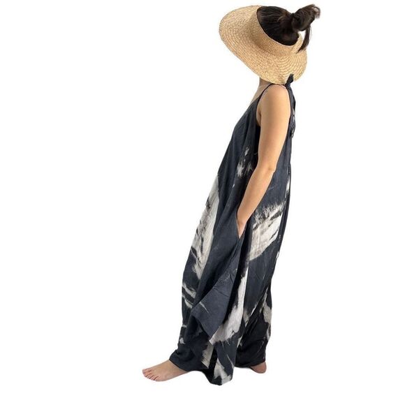 Pōʻalima Charcoal Gray Ivory Tropical Boho Wide Leg Beach Romper - Picture 12 of 16